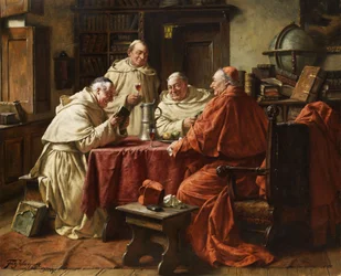 Kardinaal met monniken in een kloosterbibliotheek